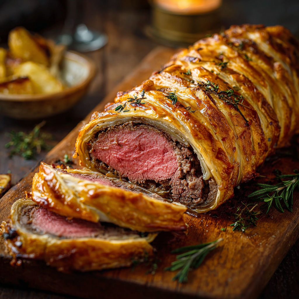 Un délicieux plat de viande farcie, accompagné de pommes de terre et de garnitures, est servie sur un plateau en bois.