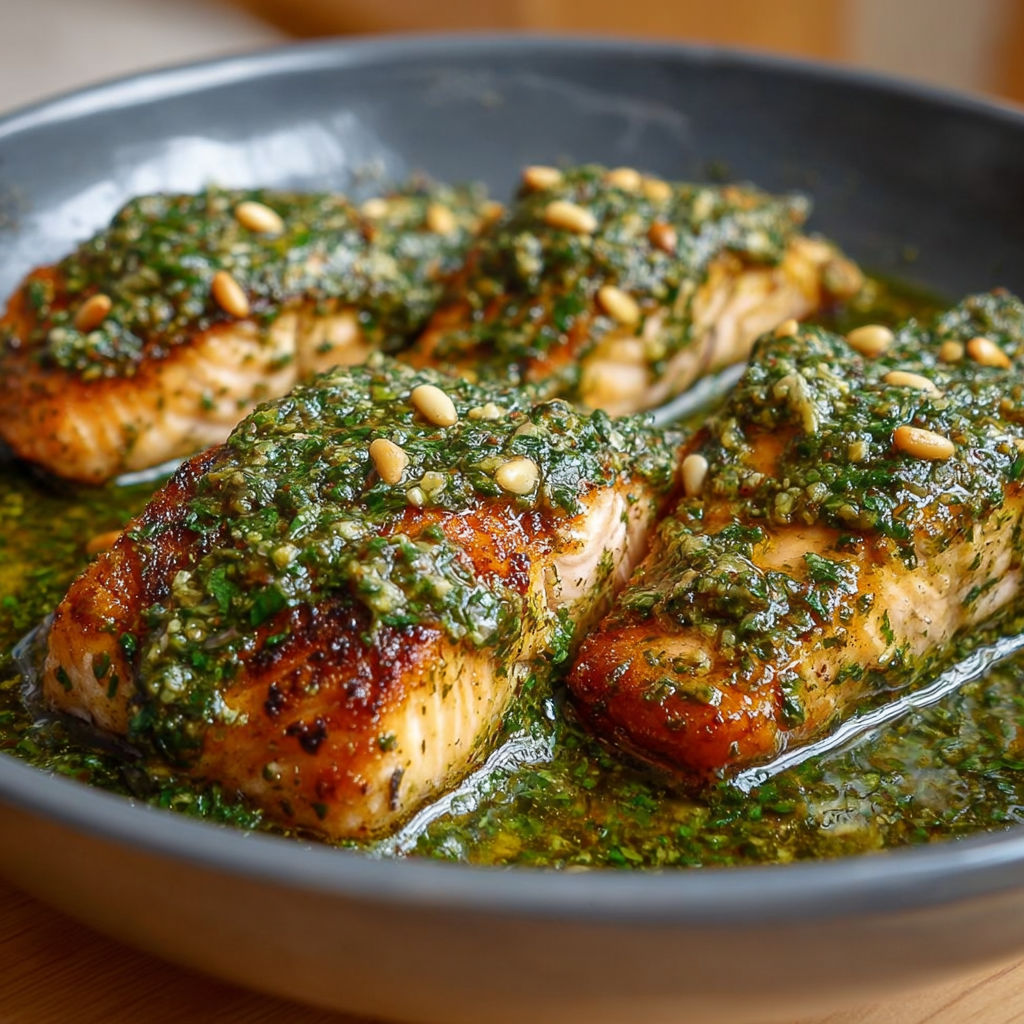 Salmon en herbe" - Salmon fillets with a green herb sauce, served in a bowl.