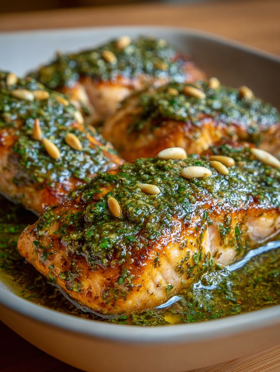 Poulet grillé avec une sauce vertes et noires, accompagné de pignons et de herbes fraîches.