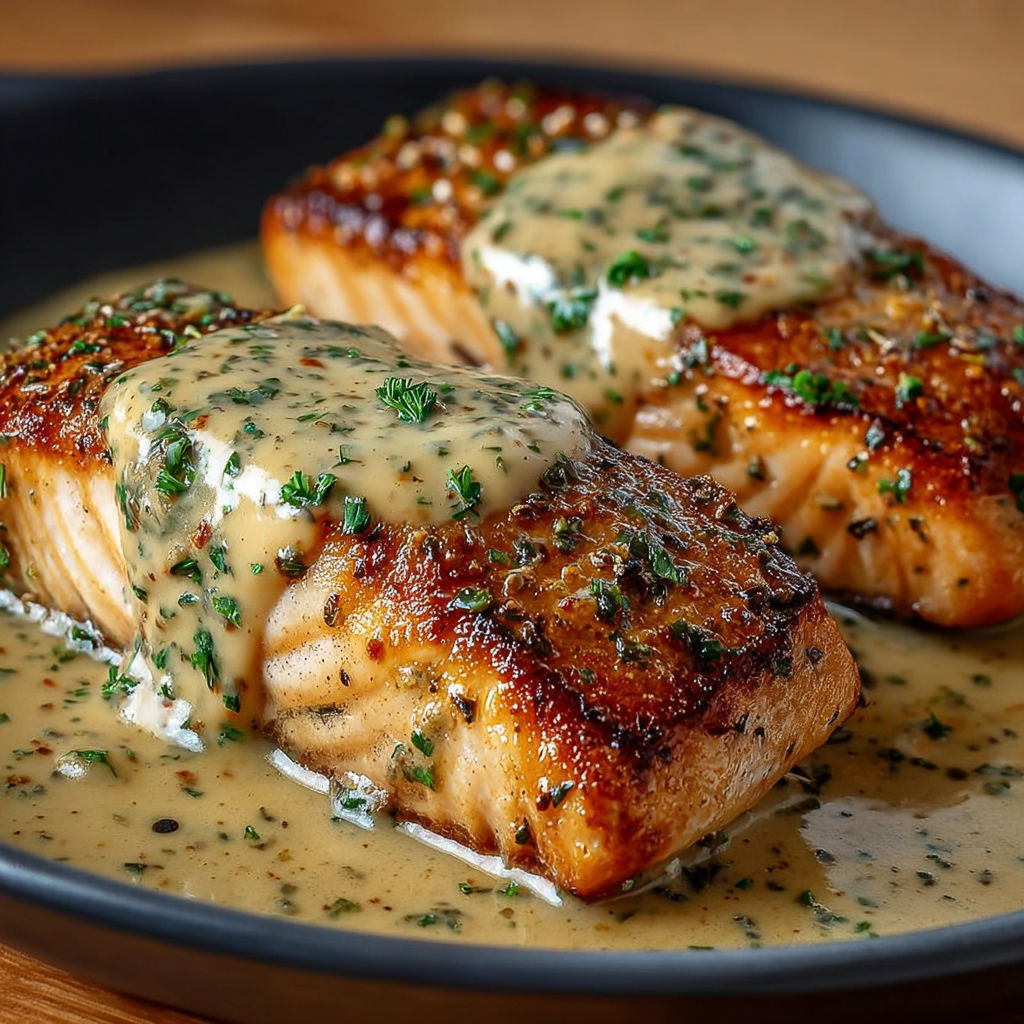 Salmon en sauce au piment" - Salmon cooked in a creamy sauce with a touch of spice.