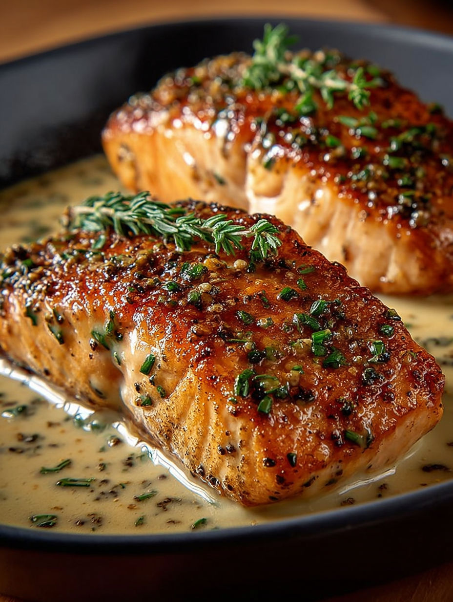 Salmon en sauce" - deux filets de saumon grillés et saucés, accompagnés d'une sauce au beurre et à la crème.
