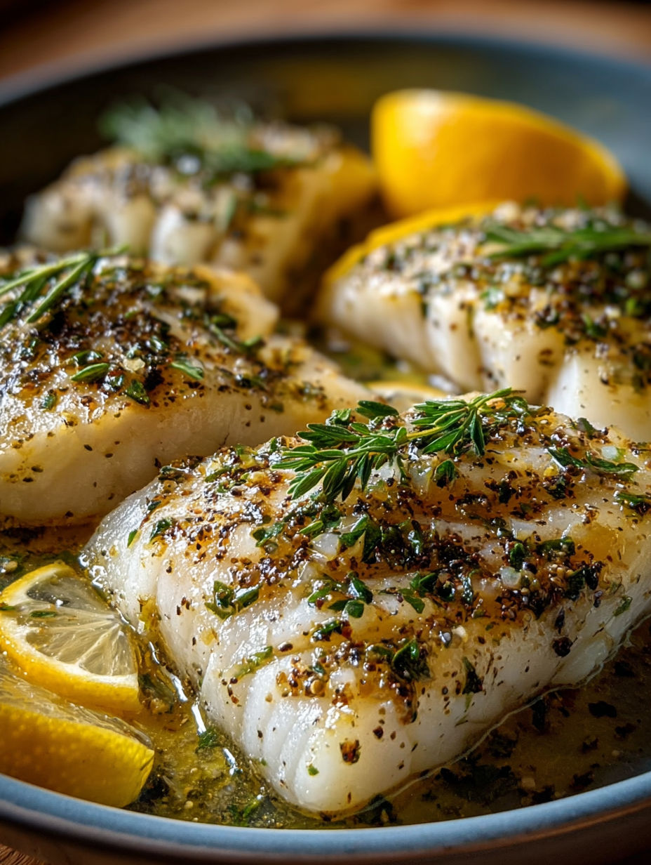 Les poissons grillés avec des citrons et des herbes.