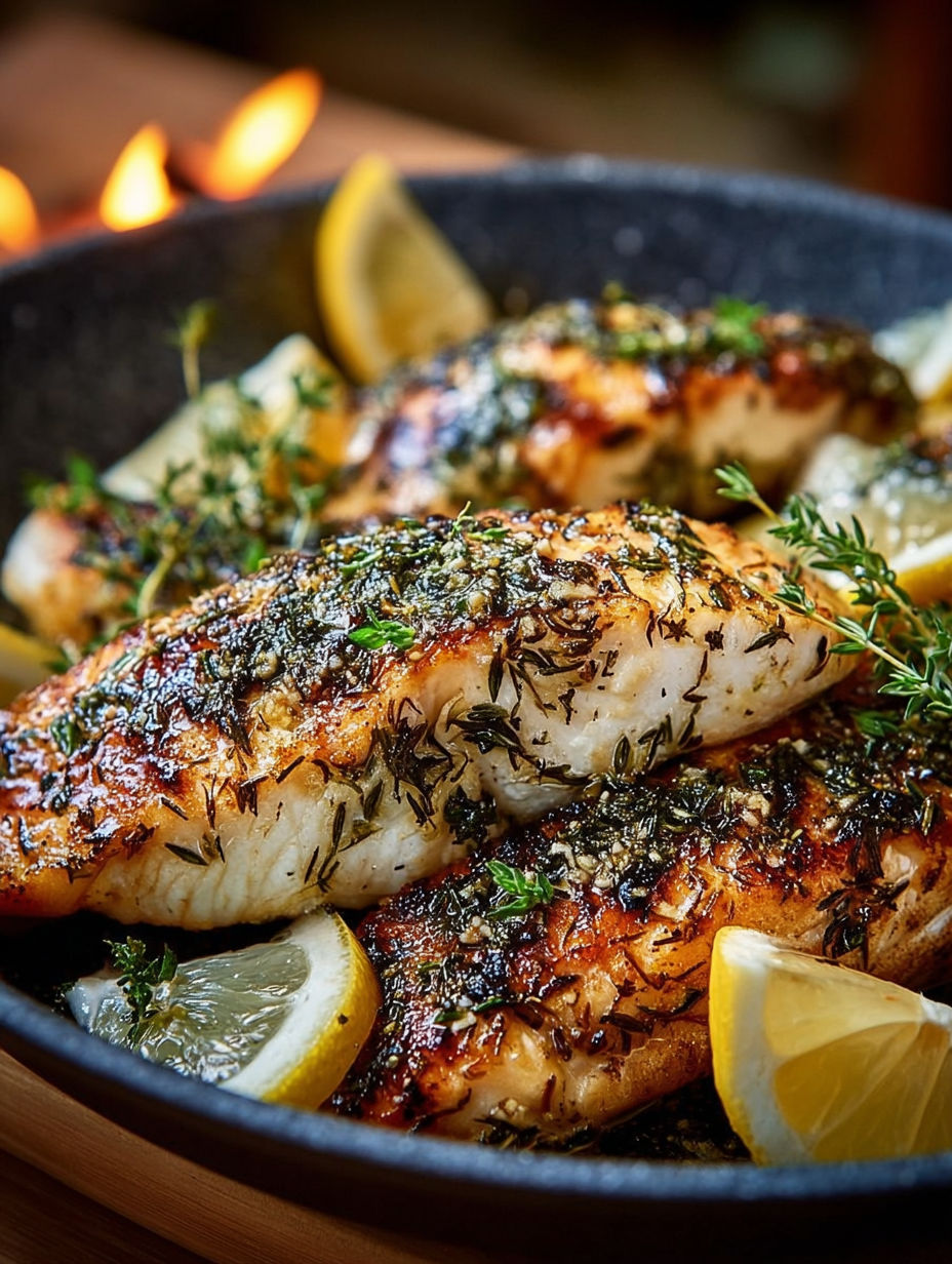 Du poisson grillé avec des citrons et des herbes, une recette de poisson grillé avec citrons et herbes.