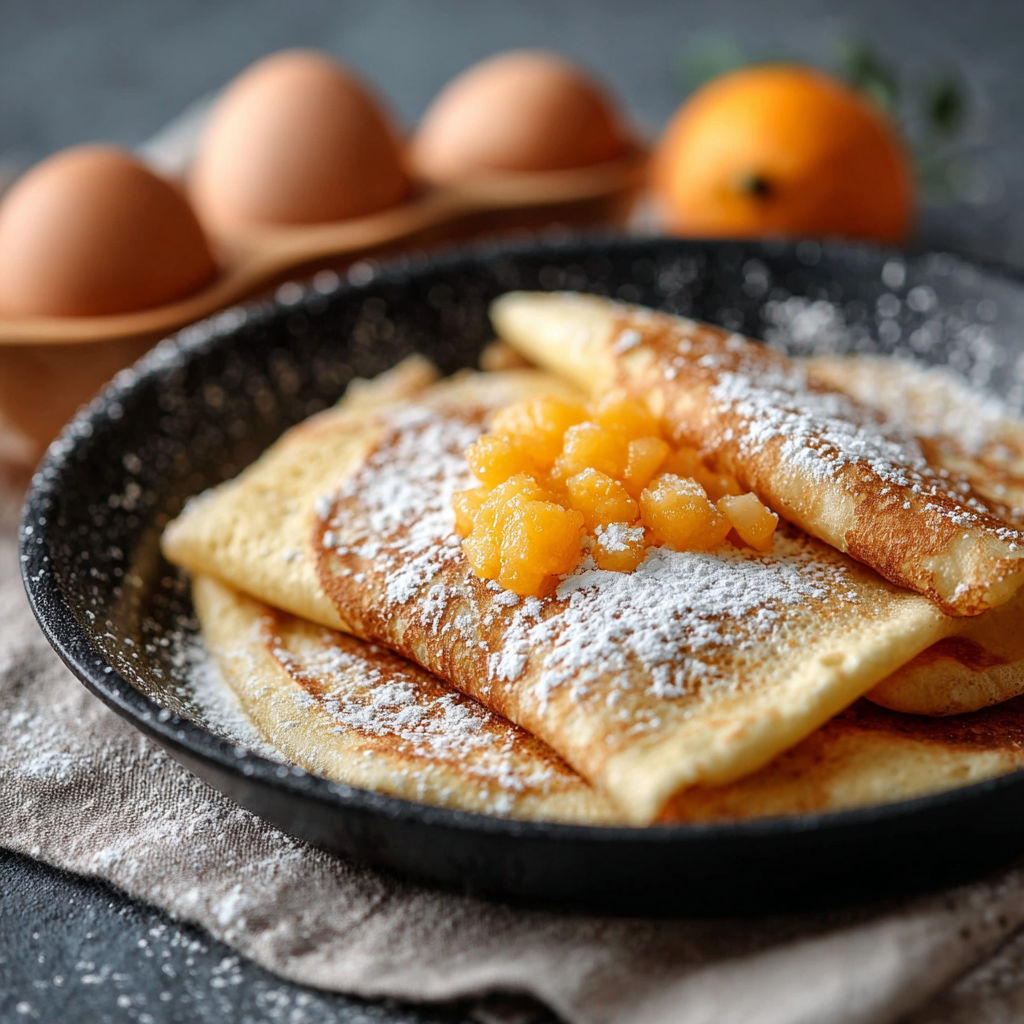 Une plaque de crêpes aux amandes, avec des œufs et des oranges, est servie sur un plateau.