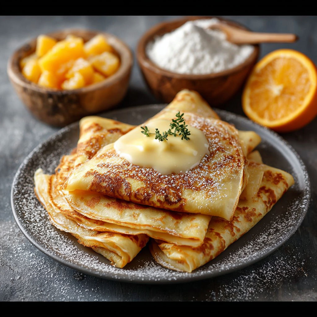 Une tarte aux pommes et au beurre, accompagnée d'oranges, de sucre et de sel, est servie sur un plateau.