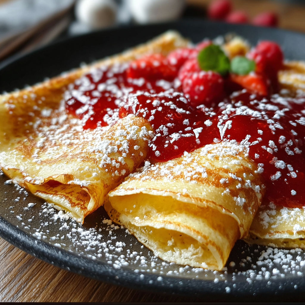 Une crêpe gourmande avec des fruits rouges et des grains de sucre.