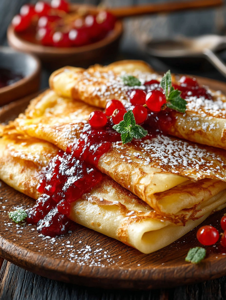 Une tarte aux cerises en pâte feuilletée, saupoudrée de sucre et de cranberries, est servie sur un plateau.