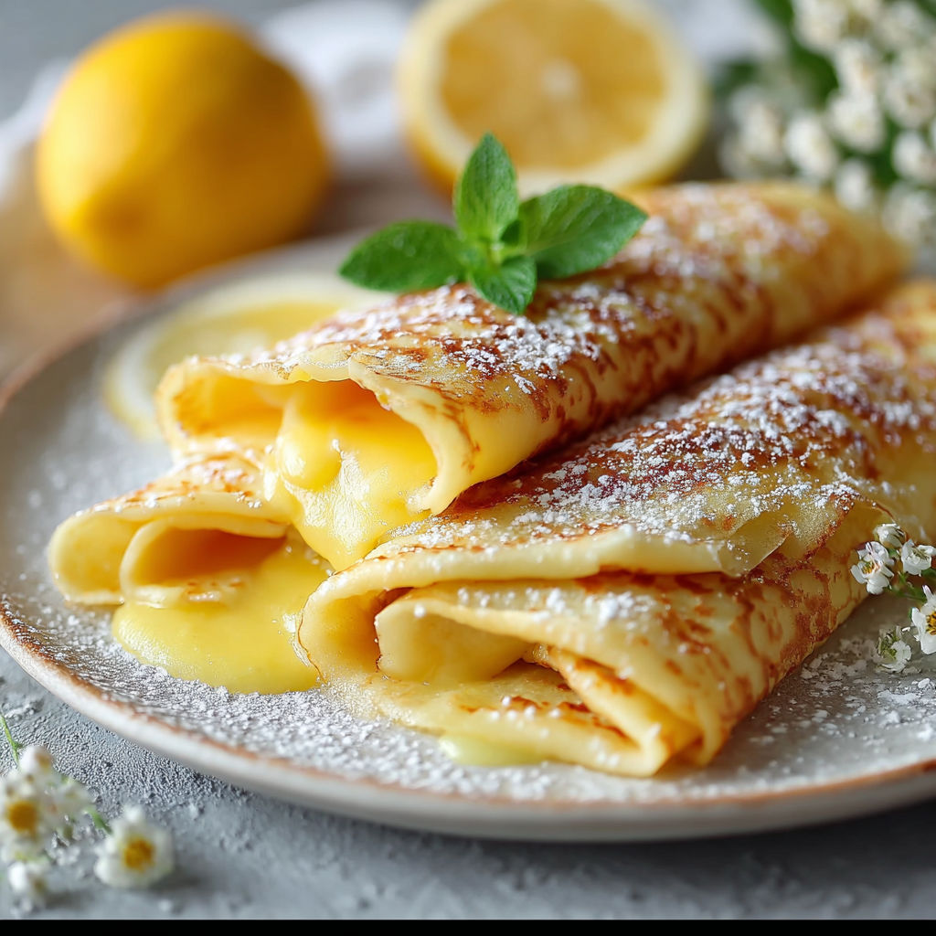 Une plaque de crêpes au citron, garnie de citrons et de menthe, est servie sur une table.