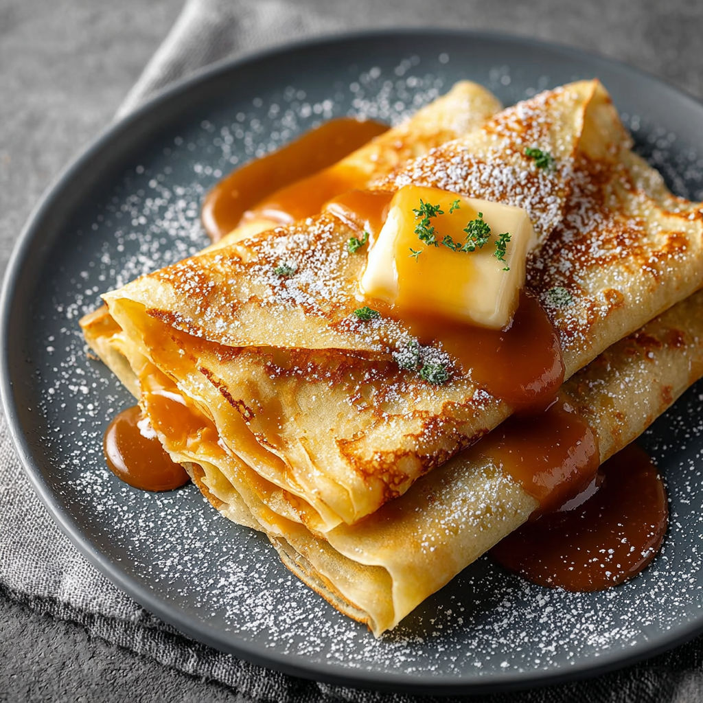 Une tarte aux pommes enroulée, saupoudrée de sucre et caramel, sur un plateau.