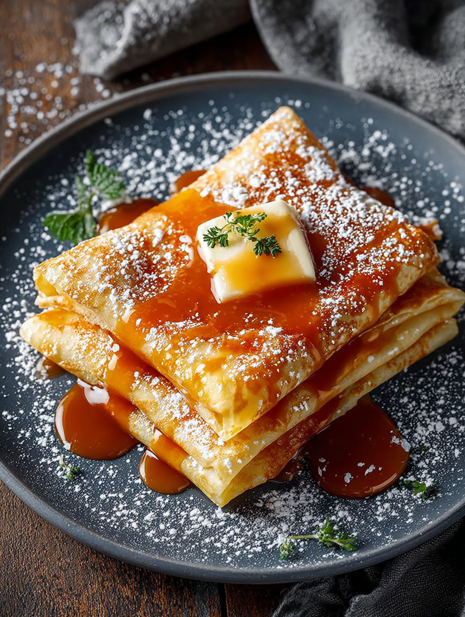 Une tarte aux fruits flambés est servie sur un plateau avec une sauce caramélisée.