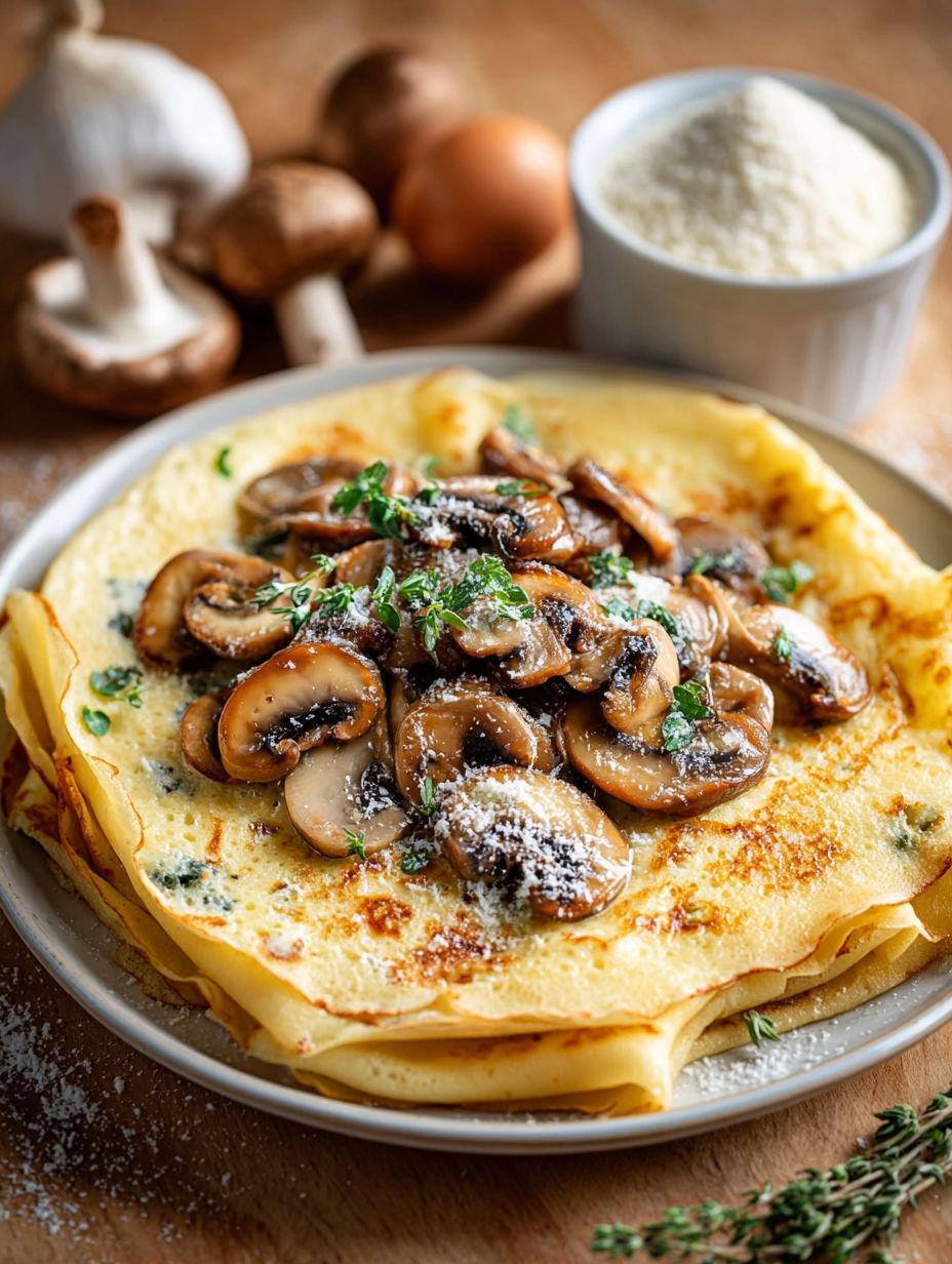 Une quiche aux champignons, sauce et herbes, servie sur un plateau.