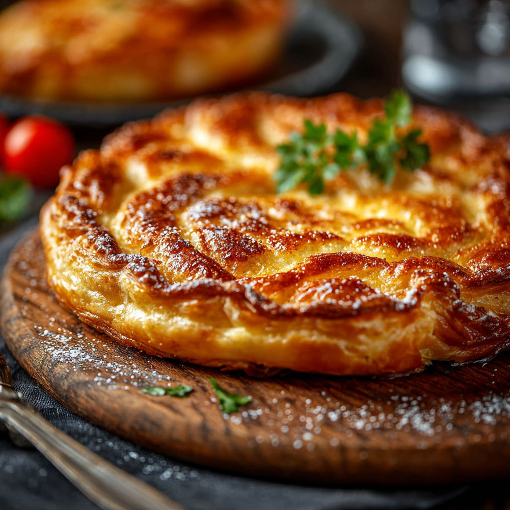 Une galette bretonne traditionnelle est servie sur une table avec des tomates et des herbes fraîches.