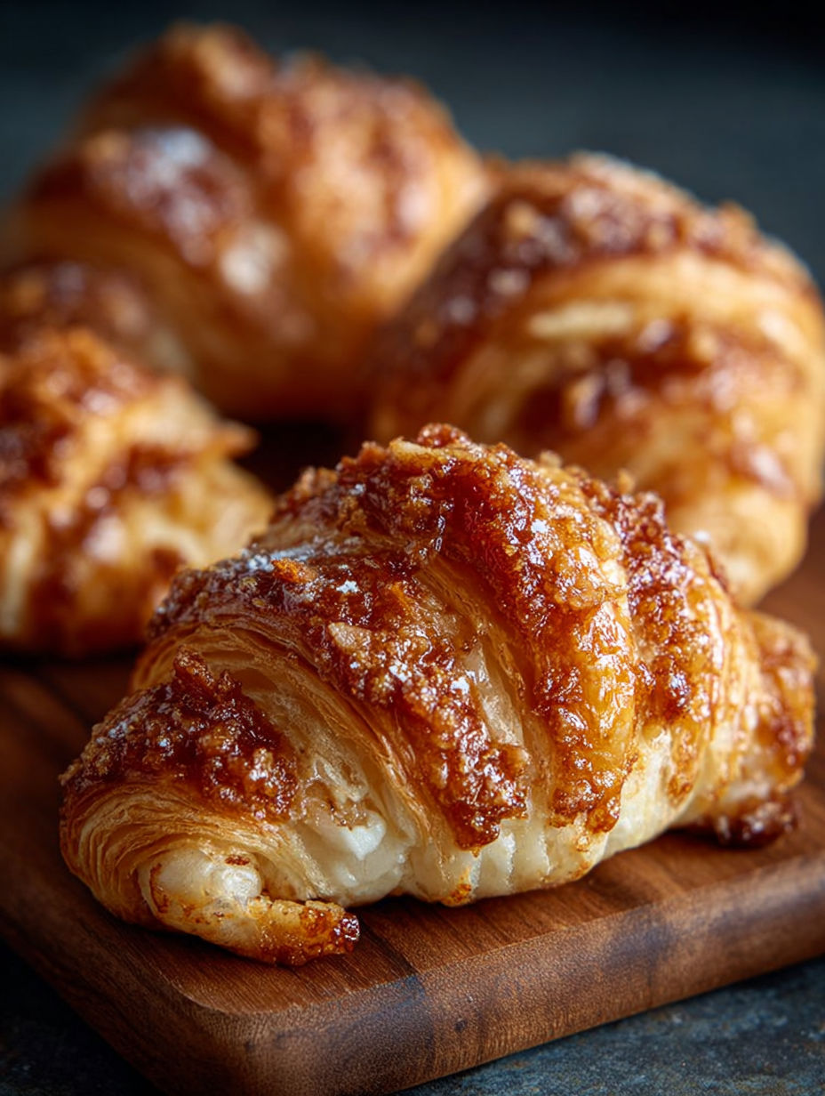 Une tasse de croissants sucrés, dorés et frits, sur une planche de bois.