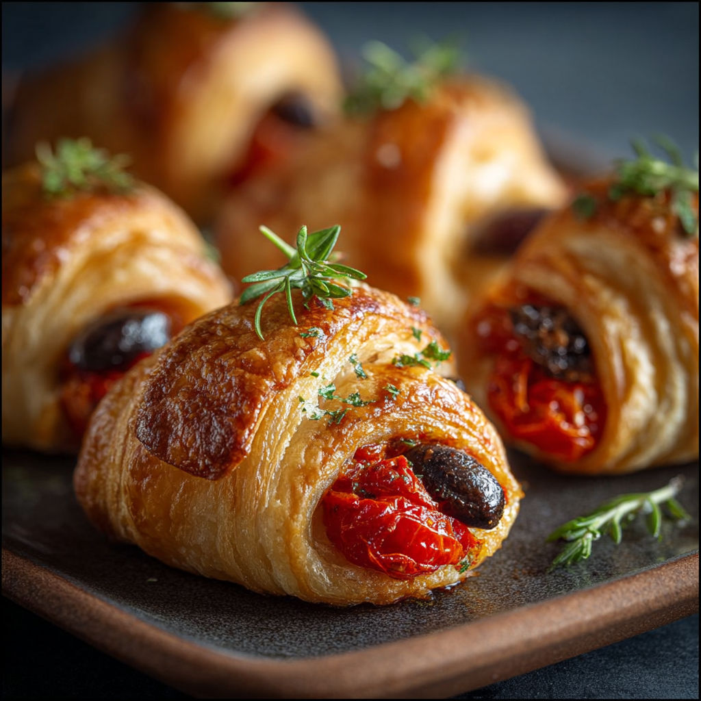 Une tasse de croissants aux tomates et herbes, avec des herbes fraîches sur le dessus.