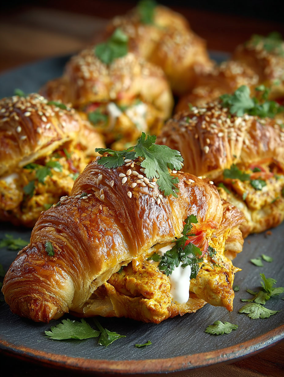 Une recette de croissants au fromage et herbes, servies sur un plateau.