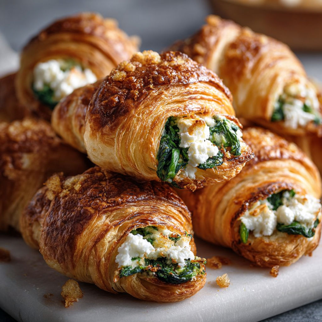 Des mini croissants aux épinards et à la feta sur un plateau.