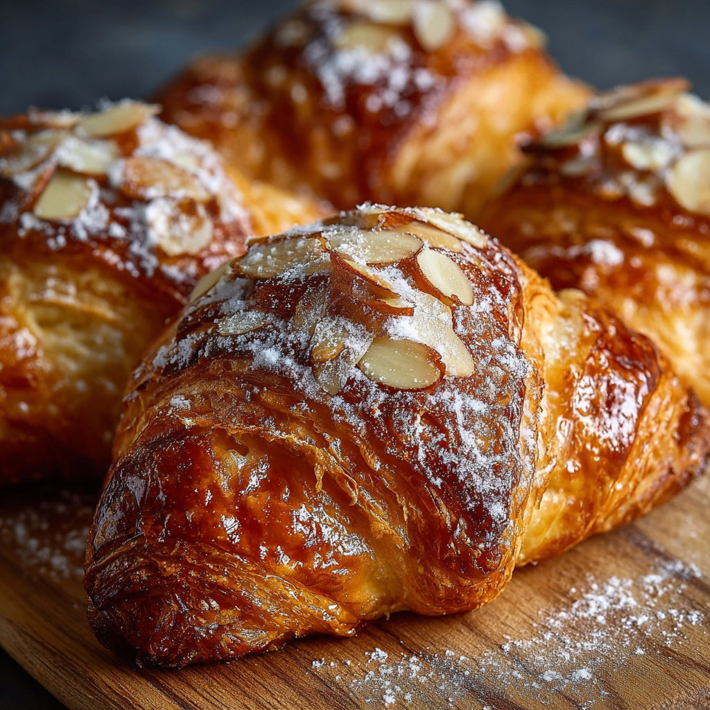 Une douzaine de croissants au beurre et aux amandes, accompagnés de sucre et de cannelle, sont présentés sur une planche de bois.