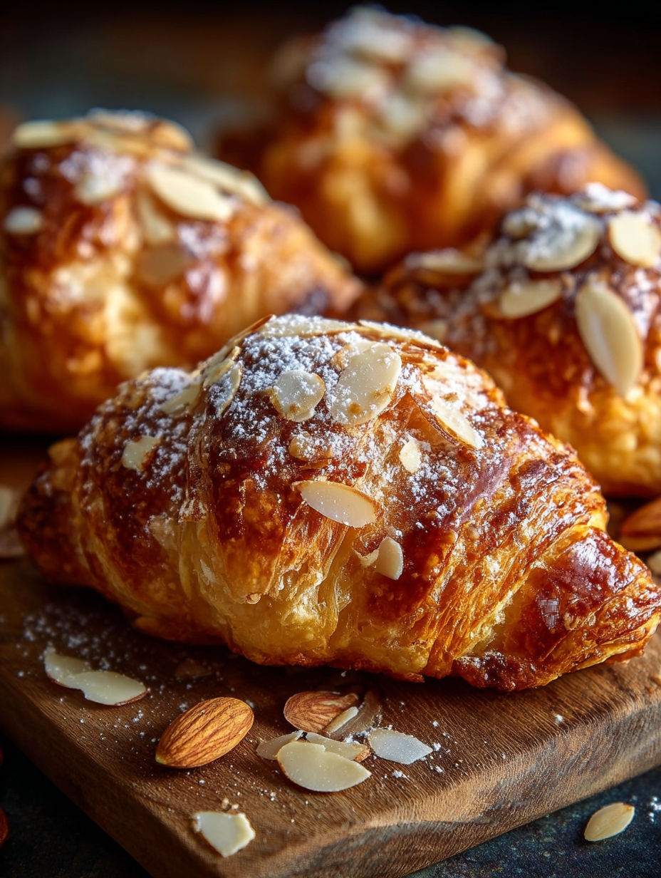 Une douzaine de croissants au beurre et aux amandes, prêts à être mangés.