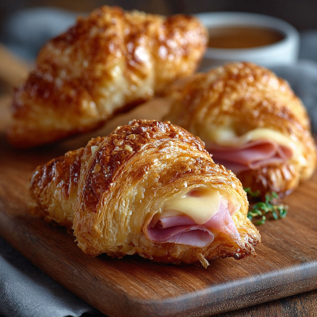 Mini croissants jambon et fromage sur une planche de bois.