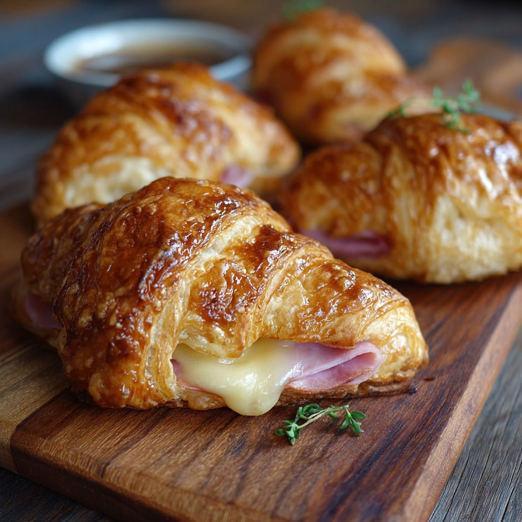 Une croissant au fromage et au jambon sur une planche de bois.