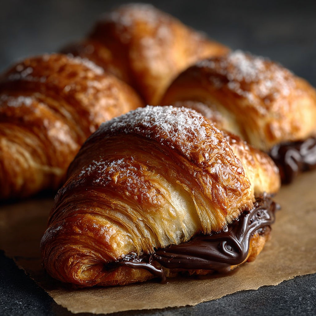 Des mini-croissants au chocolat, garnis de chocolat fondu, sont présentés sur une table.