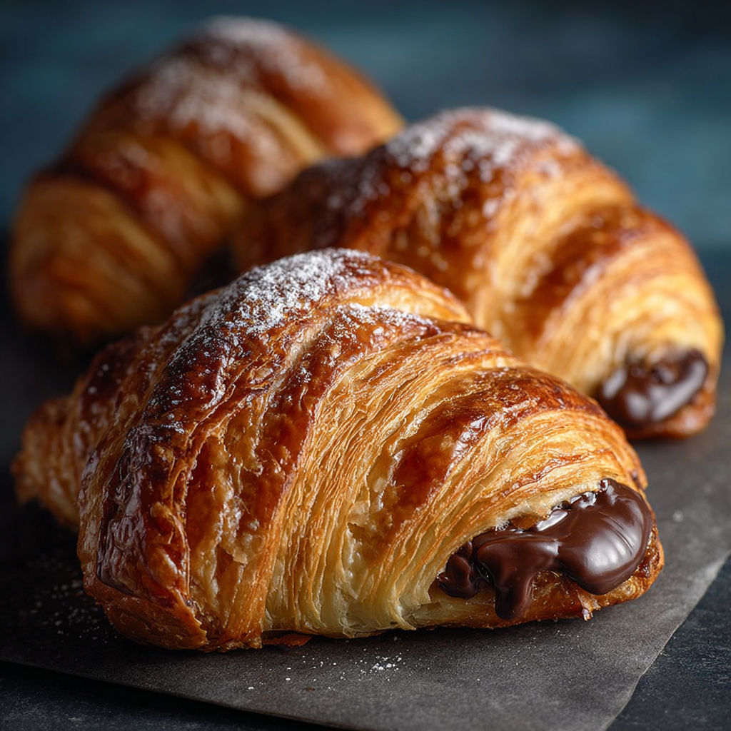 Croissants au chocolat miniatures sur une plaque de noir.
