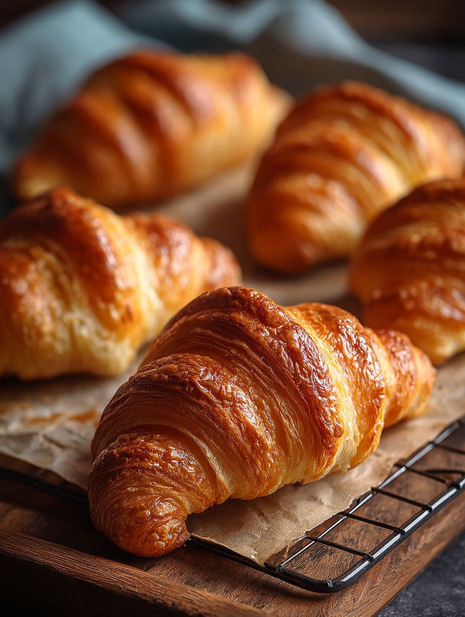 Une douzaine de croissants de pâte brûlée, dorés et croustillants, sont disposés sur une plaque de carton.