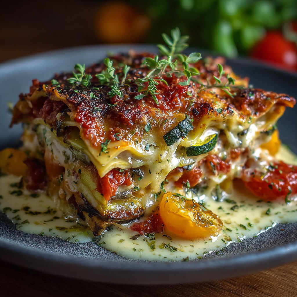 Une recette de Lasagnes du Potager est servie sur un plateau.