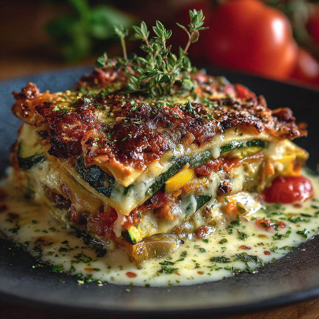 Une pizza maison avec des légumes et des herbes sur un plateau.