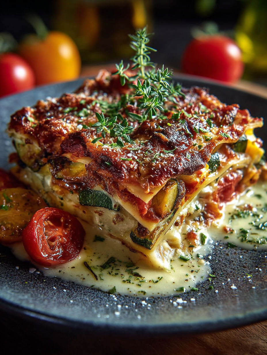 Une tarte au citron et aux légumes, avec une sauce crémeuse, est servie sur un plateau.