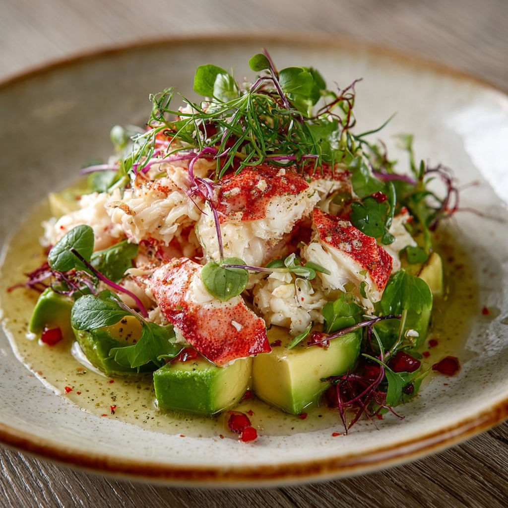 Une salade de crevettes et avocat avec des herbes et des tomates séchées.