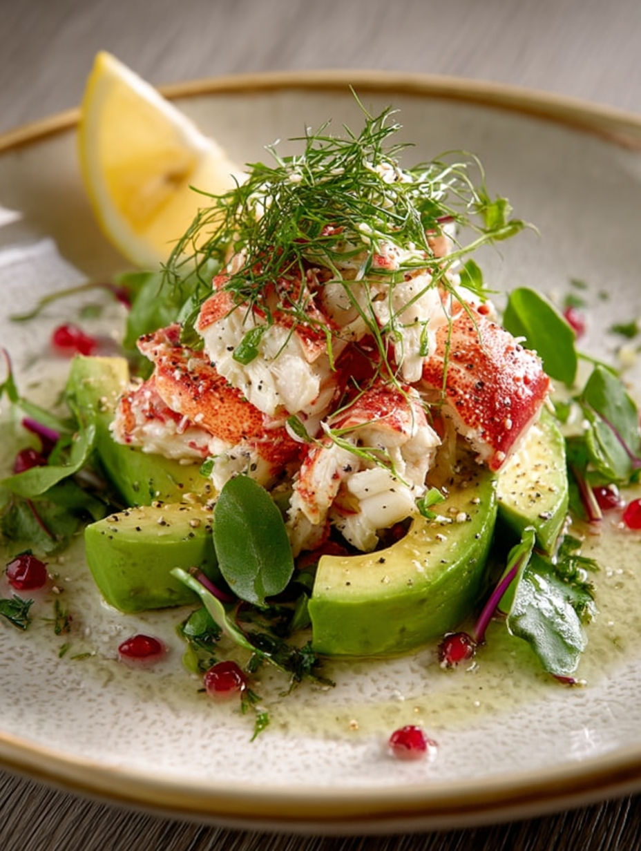 Une salade de crevettes et avocat, avec des herbes et des tomates, est servie sur un plateau.