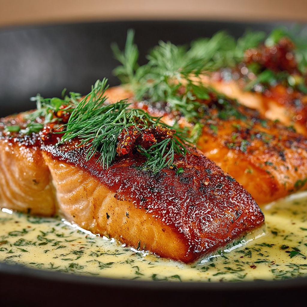 Saumon Poêlé au DILL - Saumon grillé avec des herbes et des épices, servit sur une assiette en fonte.