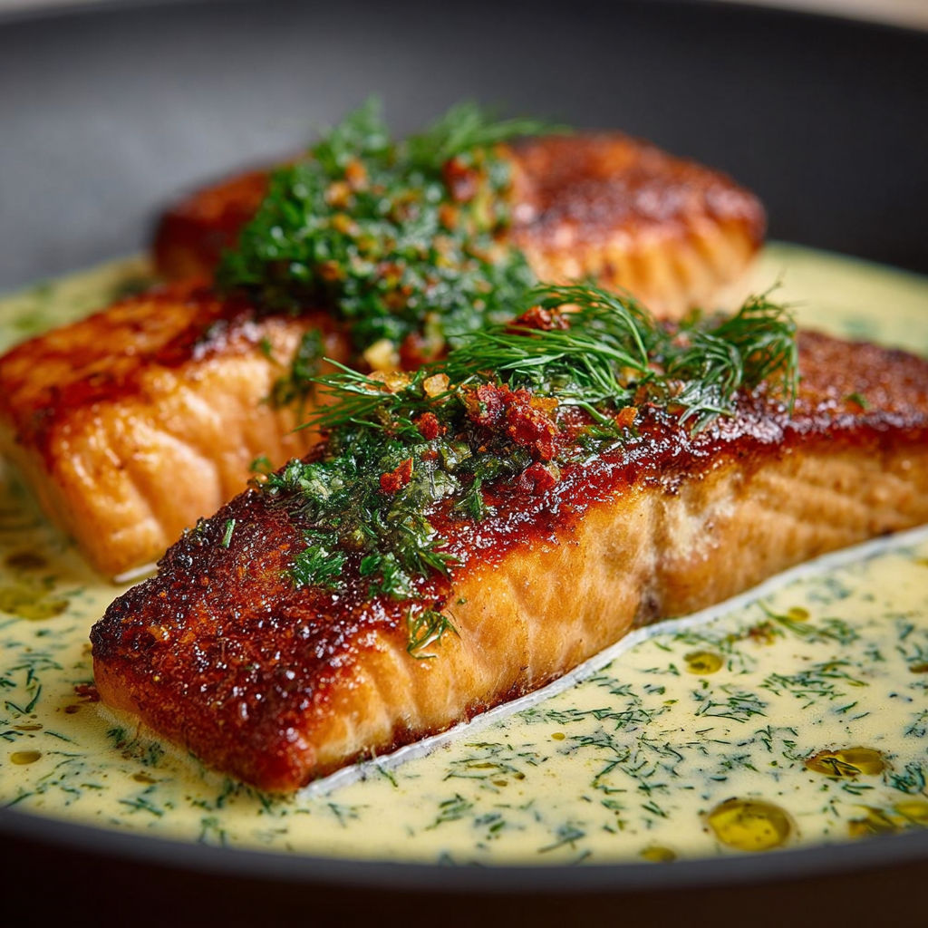 Salmon grillé avec des herbes et des épices, présenté sur un plat en fonte.