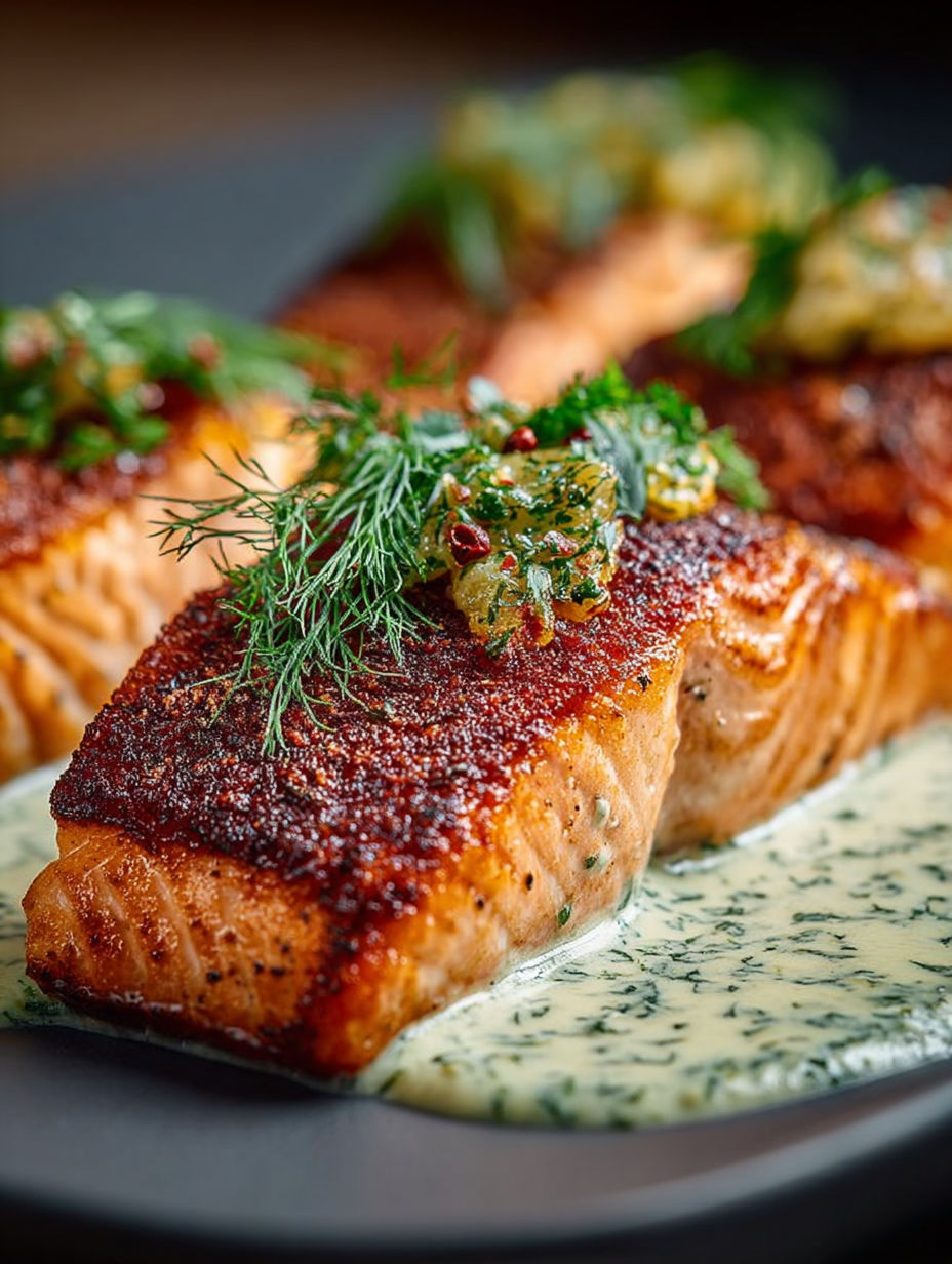 Salmon grillé avec herbes et sauce au yaourt.