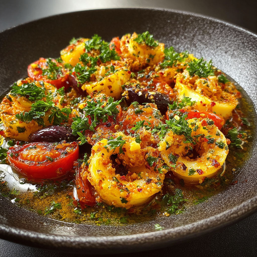 Une assiette de Calmars à la Provençale, avec des tomates, des herbes et des épices, sertie sur un plateau noir.