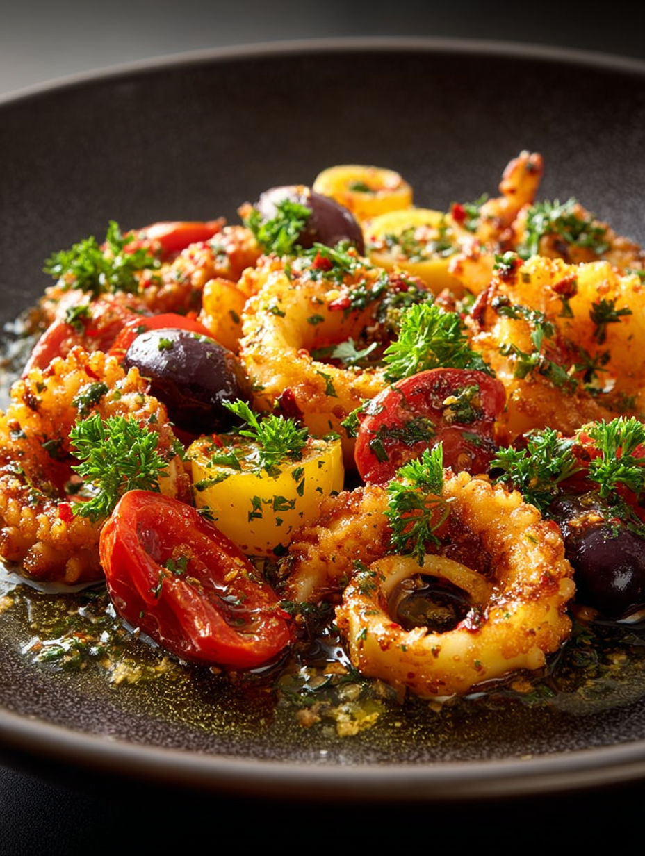 Une recette de cuisine qui combine des tomates, des oignons, des olives et des épinards, avec une sauce au curry.