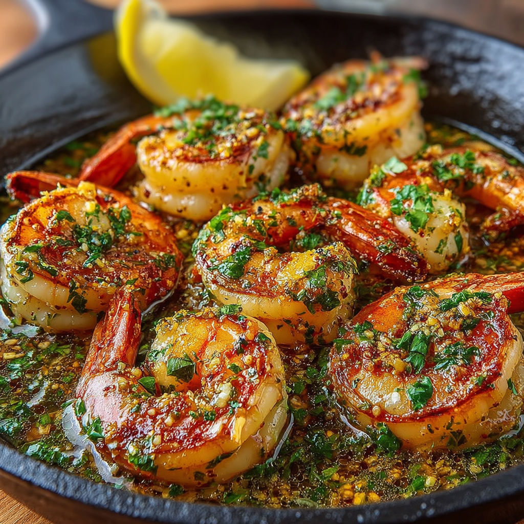 Crevettes à l'ail et au beurre dans un bol noir.