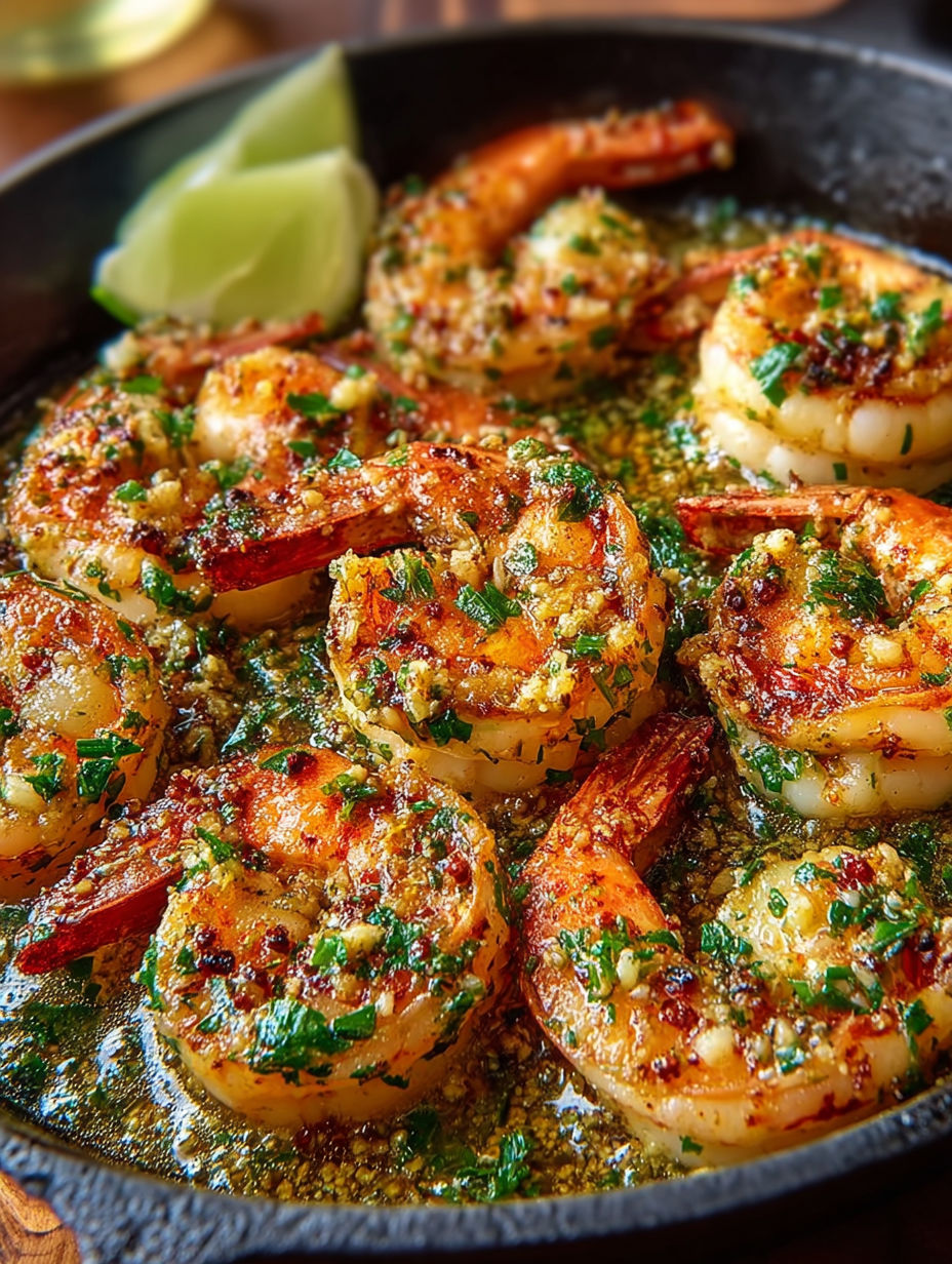 Shrimp with a spicy sauce, served in a pan.
