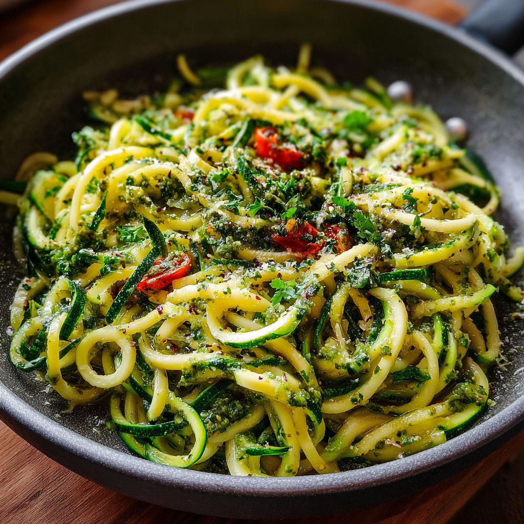 Une recette de spaghetti à la sauce pesto avec des légumes verts.