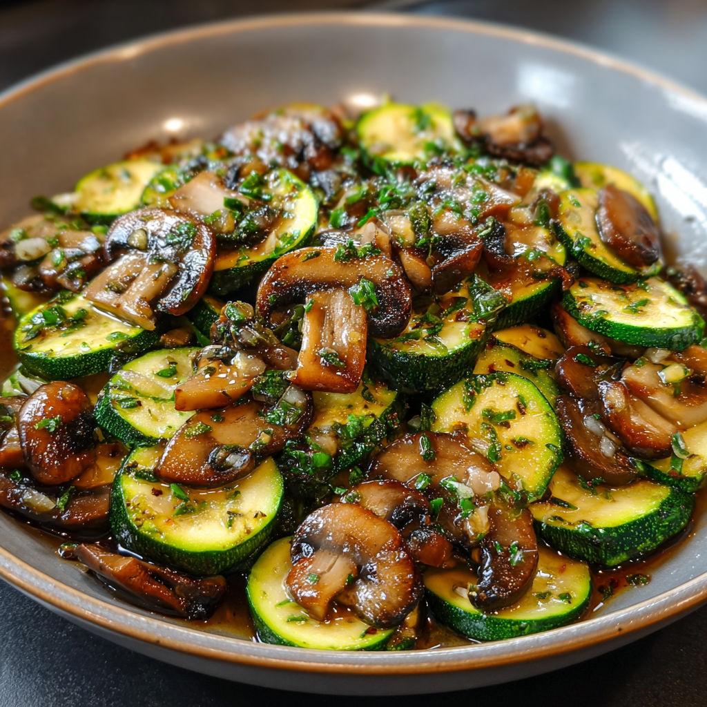 Une assiette de légumes cuits, y compris des courgettes et des champignons, est servie sur une table.