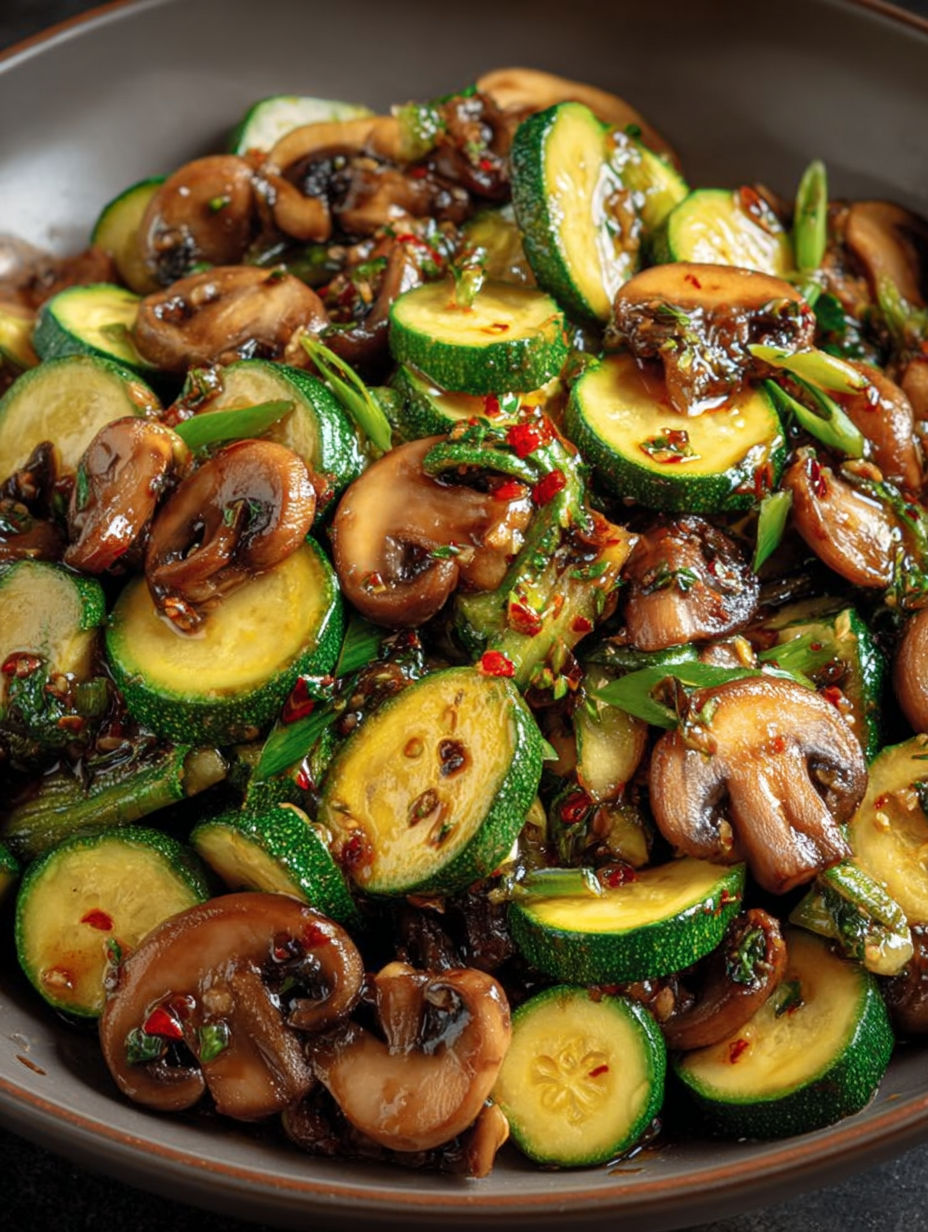 Une salade de champignons et de courgettes avec une sauce au curry.