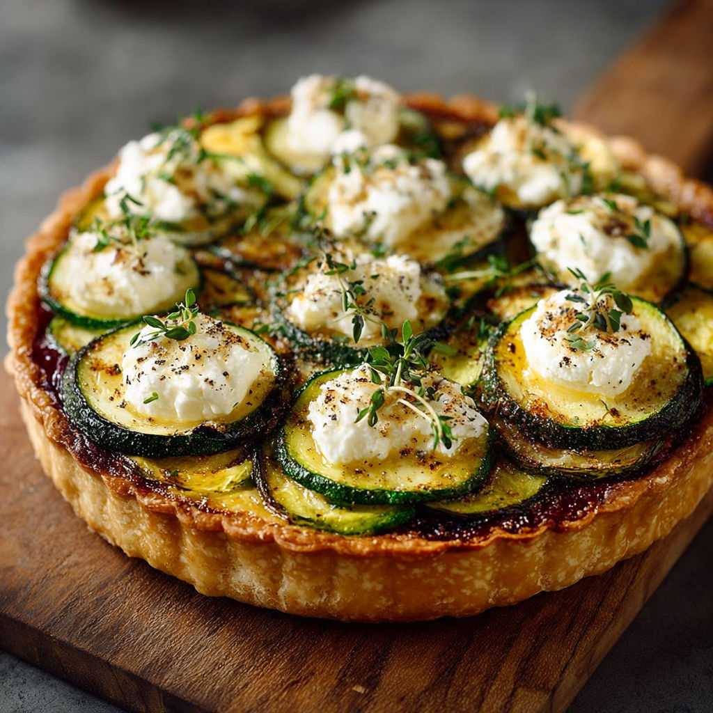 Une tarte aux courgettes et fromage, avec des herbes et des épices, est servie sur un plateau de bois.