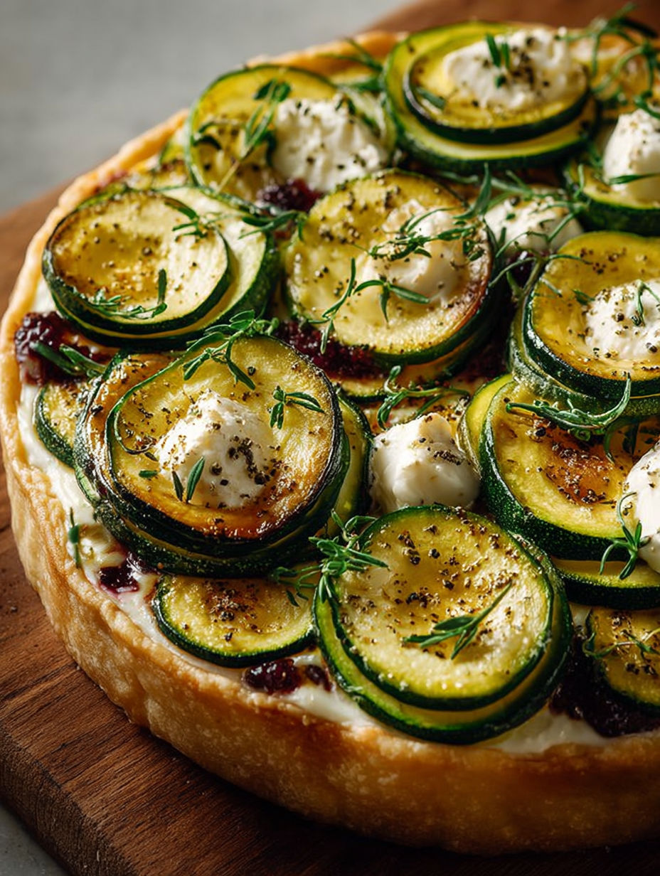 Une tarte aux courgettes, avec des herbes et des fromages, est servie sur une table.