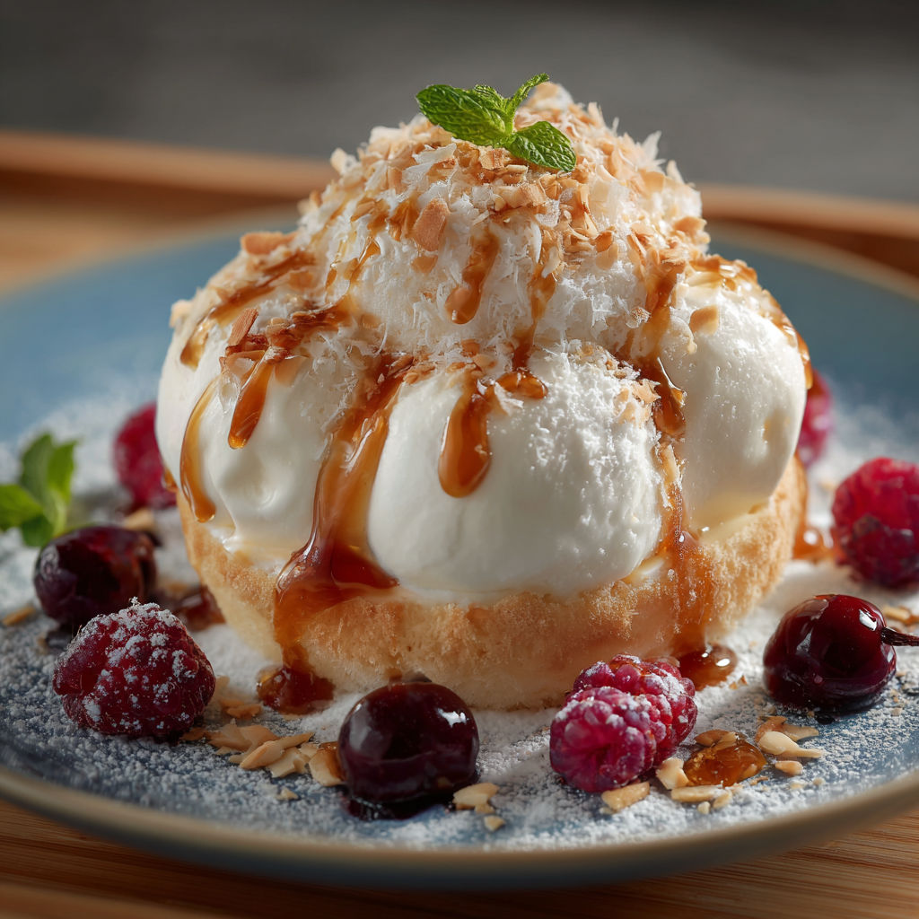 Une île flottante sucrée et garnie de fruits rouges et de sauce caramel.