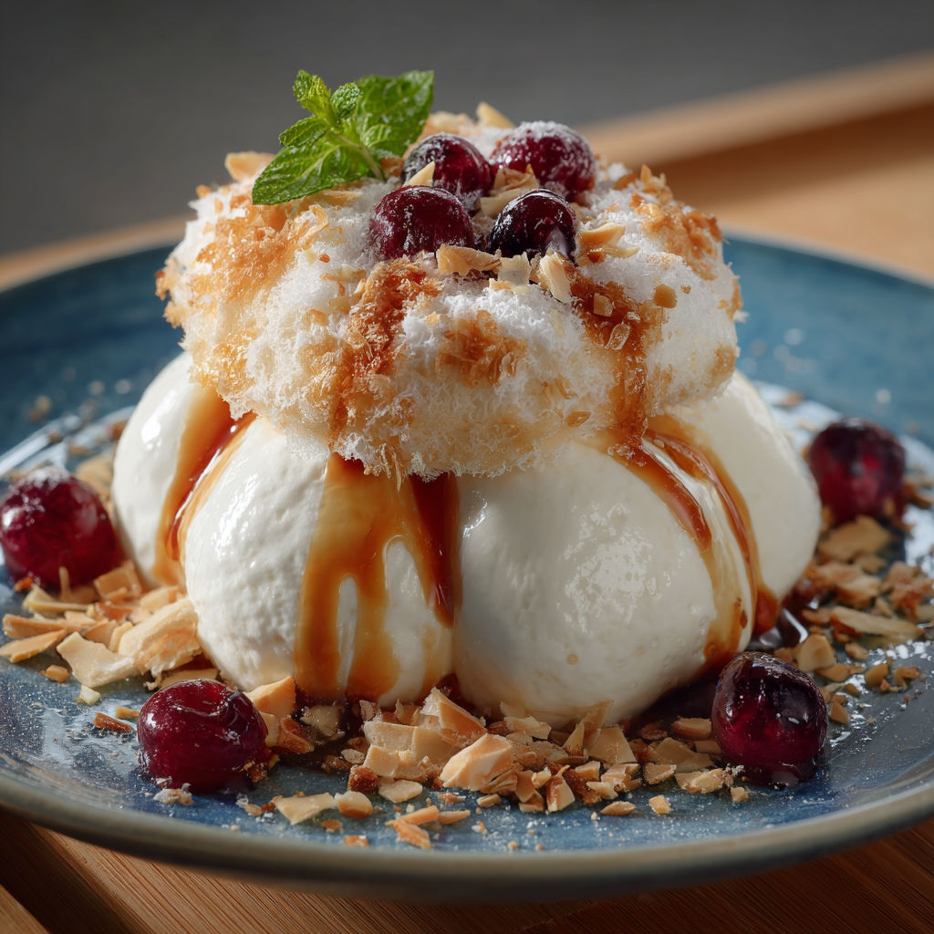 Une tarte aux cerises et noix de coco, garnie de miel et de menthe, est servie sur un plateau en céramique.