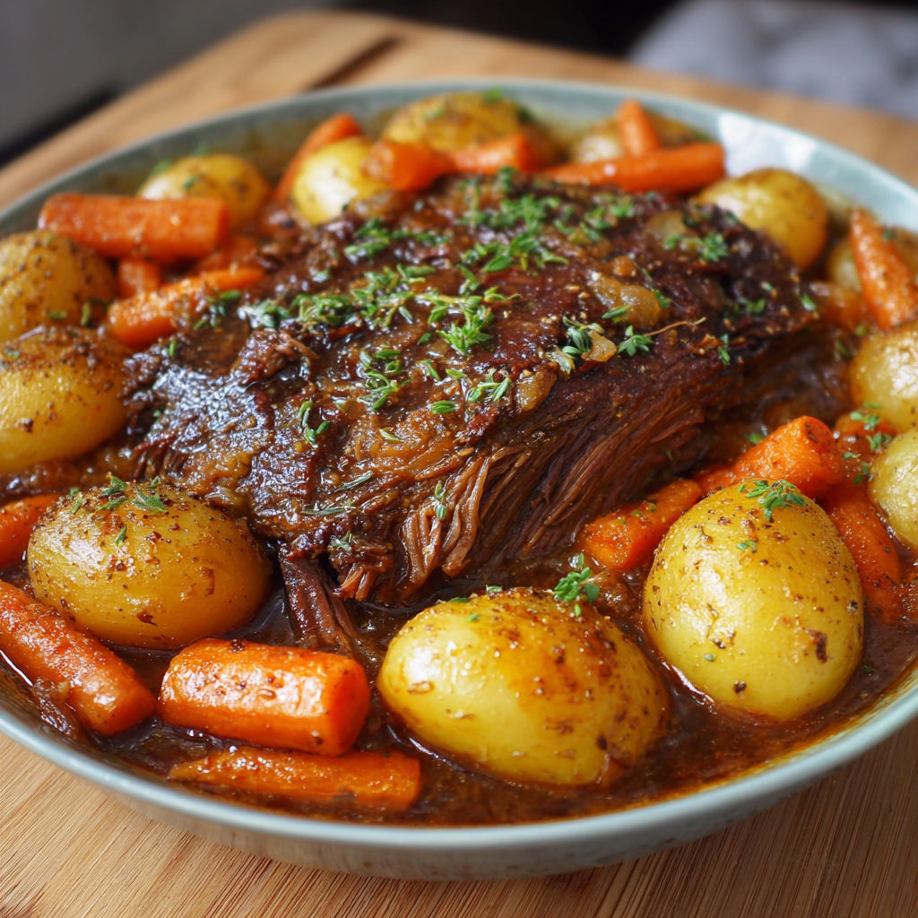 Un plat de viande de boeuf avec des carottes et des pommes de terre.