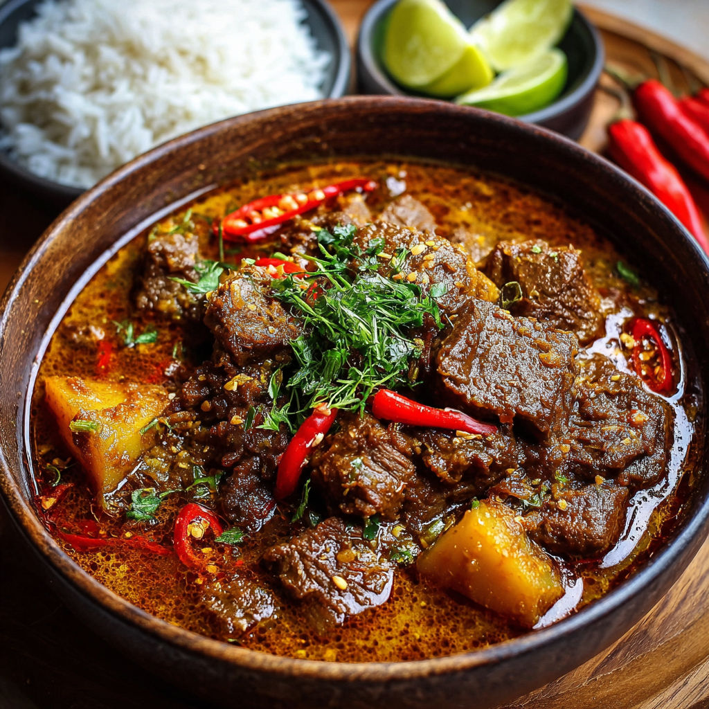 Une recette de viande de boeuf est servie dans un bol en terre cuite.