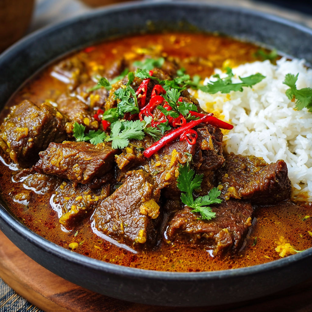 Une recette de curry de boeuf avec des épices rouges et des herbes vertes.