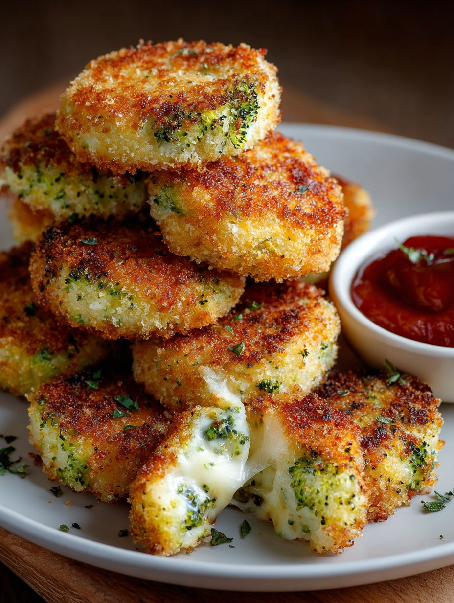 Une pile de croquettes de brocoli et de fromage sur un plateau.